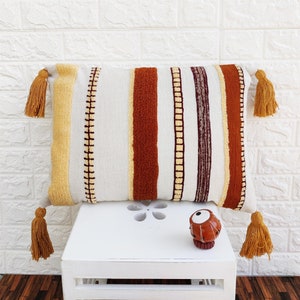 Boho Textured Pillow Case Mustard Yellow Rust Cream White Ivory Tassel Pillow Cover Crewel Embroidered Textured Pillows 14x20 Cushion Cover