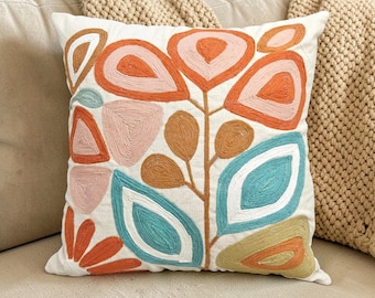 Handmade Boho Throw Pillow Cover, Embroidered Cotton Cushion, 18x18 Inches Floral Sofa Cushions