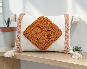 Embroidered Tufted Cotton Throw Pillow Cover | Ivory, Rust Orange, Blush Pink Boho Cushion Cover
