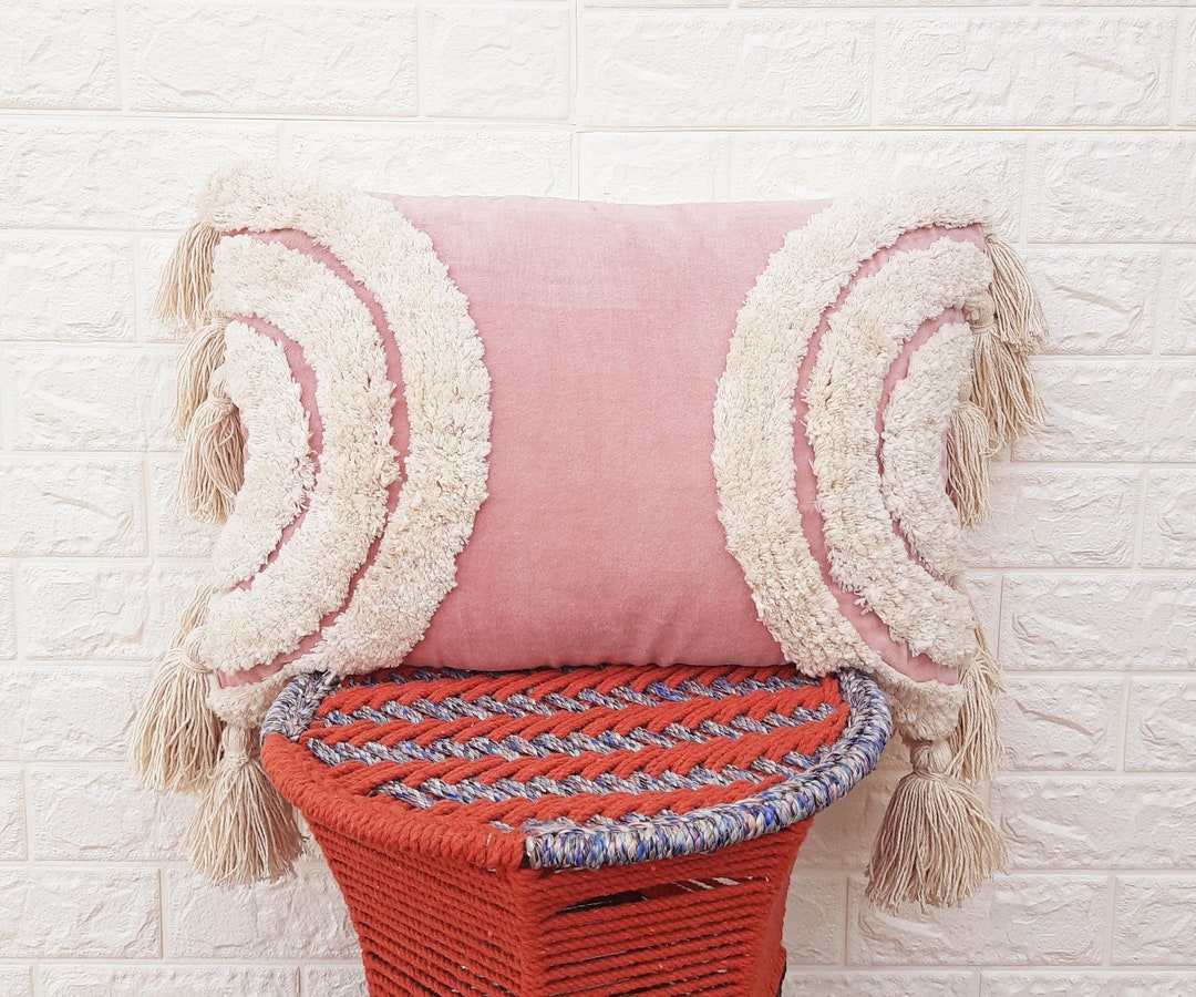 Pink & Ivory Tassel Pillow Cover Boho Textured Pillow Case Etsy