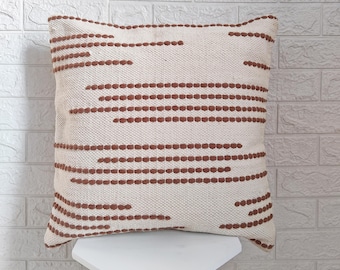 Dusty Orange & Ivory Hand Loom Woven Tufted 100% Textured Cotton 20x20 Inches Decorative Cushion Cover Handmade Boho Throw Pillow Case