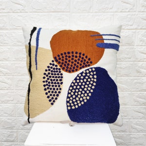 Navy Blue White Cream Ivory Rust Multi Color Tassel Pillow Boho Embroidered Textured Pillow Cover ( 18x18 Inches) Handmade Cushion Cover