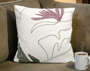 Ivory Cotton Muslin Multicolor Hand Embroidered Kantha Boho Decorative Throw Pillow Cover Handmade Cushion Cover Throw Pillow Case