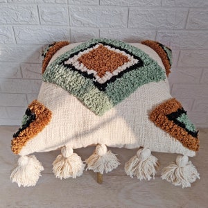 Sage Green & Ochre Ivory Multi Color Cotton Hand Embroidered Tufted 18x18 | 20x20 Decorative Cushion Cover Boho Textured Throw Pillow Case