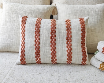 Rust Orange & Cream Ivory Hand Loom Woven Chunky Loops Natural Cotton Hand Dyed Pillow Cover Boho Textured Cushion Cover