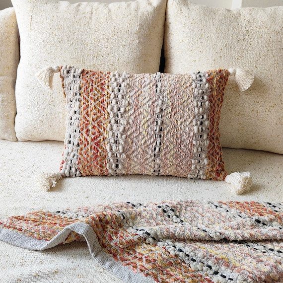 Hand Loom Woven Cotton Chenille Throw Pillow Case : Gray & Rust Boho Cushion Cover