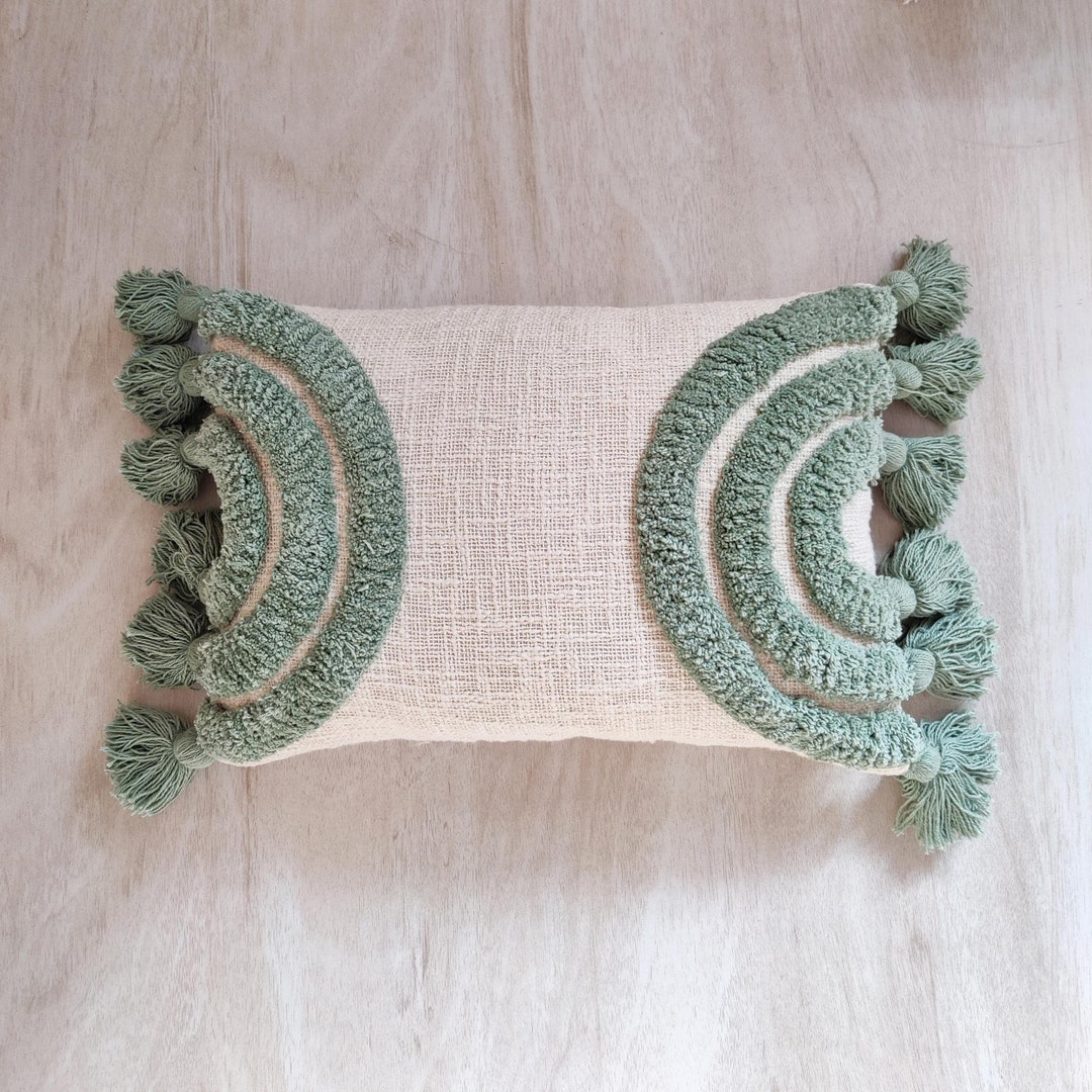 Ivory & Sage Green Boho Textured 100 Cotton Throw Pillow Case Embroidered Tufted 14x20 Cushion