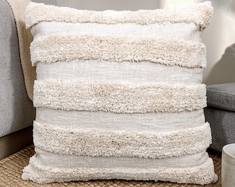Off White Natural White Ivory Cream Embroidered Tufted 100% Cotton 18x18 , 20x20 , 22x22 , 24x24 Inches Boho Decorative Throw Pillow Cover