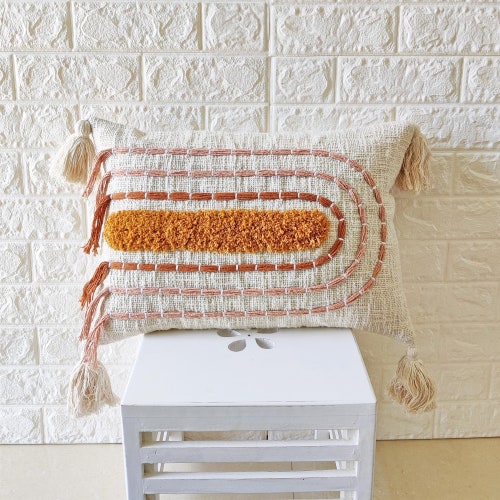 Jaune moutarde ivoire, orange rouille et rose poudré 100 % coton brut, taie d'oreiller brodée tufté texturé bois de bohème, housse de coussin 14 x 20