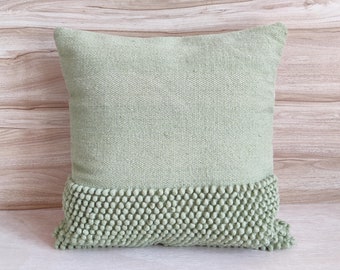 Sage Green / Light Forest Green Chunky Loops Wool Hand Woven 12x20, 14x20, 16x16, 18x18 , 20x20 Inches Decorative Throw Pillow Cover