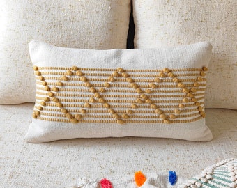 Handloom Woven Ivory & Mustard Woven Throw Pillow Case : Boho Textured Cotton Cushion Cover