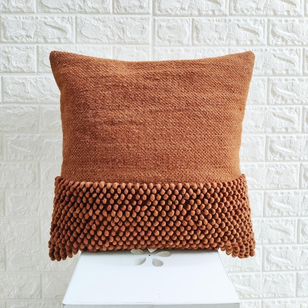 Deep Orange Rust Orange Chunky Loops Wool Hand Woven 12x20, 14x20, 16x16, 18x18 , 20x20 Inches Decorative Throw Pillow Cover