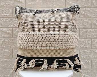 Beige crème ivoire 100% coton métier à tisser à la main tissé 18x18 pouces Boho housse de coussin décorative taie d'oreiller texturée