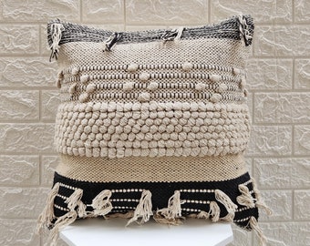 Beige Cream Ivory 100% Cotton Hand Loom Woven 18x18 Inches Boho Decorative Throw Pillow Cover Textured Pillow Case