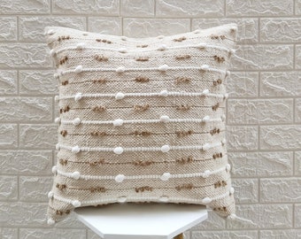 Cream Ivory Cotton & Jute Hand Loom Woven 18x18, 20x20. 12x20, 14x20 Inches Boho Decorative Throw Pillow Cover Textured Pillow Case