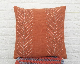 Hand Kantha Cushion Cover 18x18 & 20x20 Inches 100% Cotton Terracotta Brick Red Handmade Decorative Indian Boho Textured Throw Pillow