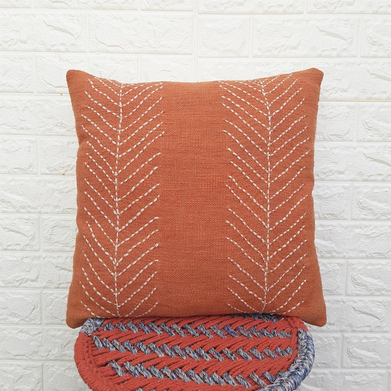 Hand Kantha Cushion Cover 18x18 & 20x20 Inches 100% Cotton Terracotta Brick Red Handmade Decorative Indian Boho Textured Throw Pillow image 1