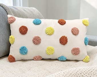 Cream Ivory & Multicolor Embroidered Tufted Polka Dots 100% Cotton 12x18, 12x20 , 14x20 , 14x22 Inches Boho Decorative Throw Pillow Cover