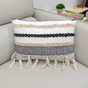 Handwoven Gray & Ivory Woven Fringe Throw Pillow Case : Soft Feel Decorative Boho Cushion Cover