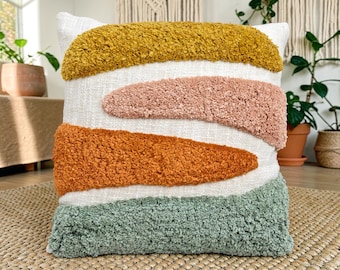 100% Cotton Tufted Pillow Cover, Boho Textured Cushion, Ivory Sage Mustard Multicolor Pillow Case