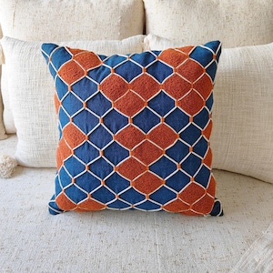 Rust Orange & Blue Textured Cotton Boho Throw Pillow Case Embroidered 18x18, 20x20 Cushion Cover Decorative Handmade Pillow Cover
