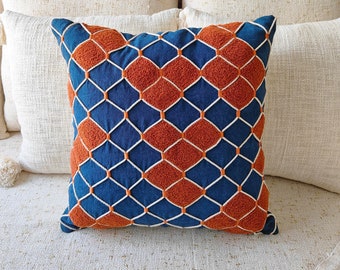 Rust Orange & Blue Textured Cotton Boho Throw Pillow Case Embroidered 18x18, 20x20 Cushion Cover Decorative Handmade Pillow Cover