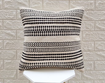 Ivory Black Pillow Case 100% Cotton Hand Loom Woven 18x18 Inches (45x45 Cm) Boho Decorative Throw Pillow Cover Cushion Cover