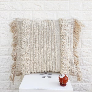Cream Off White Ivory Natural Cotton Woven Tufted Textured Fringe Pillow Cover 18x18 Cushion Cover Boho Pillow Case