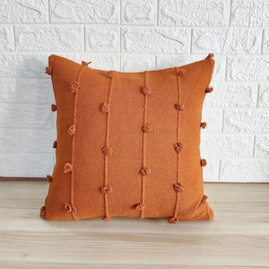 Rust Orange Handloom Woven Chunky Loops Natural Cotton Hand Dyed Pillow Cover Boho Textured 18x18, 22x22 Cushion Cover
