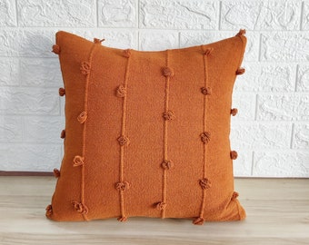 Rust Orange Handloom Woven Chunky Loops Natural Cotton Hand Dyed Pillow Cover Boho Textured 18x18, 22x22 Cushion Cover