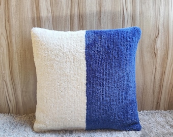 Ivory & Blue Boho Textured Cotton Throw Pillow Case Hand Tufted 18x18, 20x20 Cushion Cover Decorative Handmade Pillow Cover