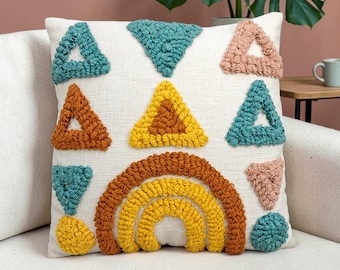 Handmade Embroidered Cotton Pillow Cover, Boho Rainbow Triangle Design Cushion Cover