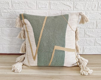 Sage Green & Ivory Boho Textured Cotton Throw Pillow Case Crewel Embroidered 18x18, 20x20 Cushion Cover Decorative Handmade Pillow Cover