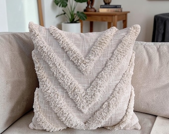 Off White Tufted Cotton Throw Pillow Cover, Textured Boho Cushion Case