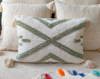 Light Green Multi Color Cotton & Acrylic Wool Tufted Textured 12x20, 14x20 Inches Boho Decorative Throw Pillow Cover Pillow Case