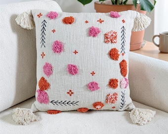 Ivory Cream Multicolor Hand Embroidered Cotton Throw Pillow Case | Decorative Boho Tassel Cushion Cover