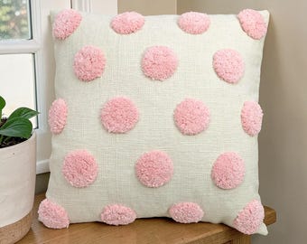 Handmade Cotton Tufted Throw Pillow Case, Boho Pink Polka Dot Design (18x18 Inch) Cushion Cover