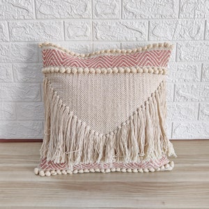 Blush Pink & Cream Fringe Pillow Case Hand Woven Cotton 18x18 Inches Decorative Throw Pillow Cover
