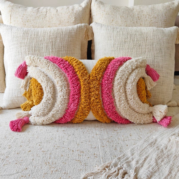 Pink Mustard & Natural White Tassels Pillow Cover Boho Tufted Textured Throw Pillow Case 12x20, 14x20, 18x18, 22x22 Cushion Cover