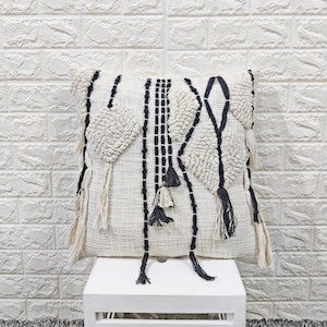 Fringe Pillow Tufted Textured White Black Ivory Boho Pillow Cover 45x45 ( 18x18 Inches ) Pillow Cover Indian Handmade Cushion Cover