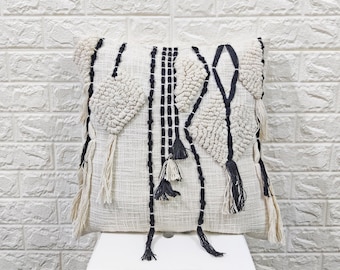 Fringe Pillow Tufted Textured White Black Ivory Boho Pillow Cover 45x45 ( 18x18 Inches ) Pillow Cover Indian Handmade Cushion Cover