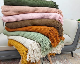 Waffle Handwoven Cotton Throw Blanket with Fringed Tassels | Soft Textured Sofa Throws | Neutral & Earth Tone Farmhouse Decor Bedding Throws
