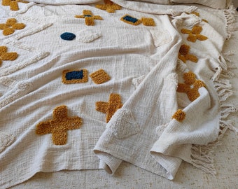 Cotton Tufted Textured Throw Blanket | Beige/Ivory & Mustard Boho Bedding Throw Blanket