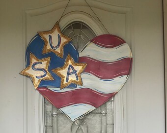 Fourth of July Patriotic Heart and Stars USA Door Hanger