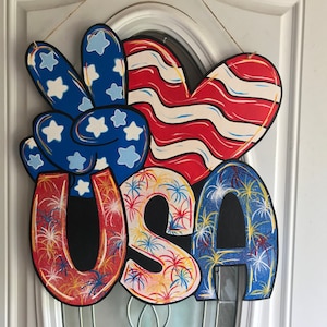 Large Peace. Love, USA Door Hanger/Sign, Patriotic Door Hanger, 4th of July Door Hanger, Flag Decor, Stars and Stripes, Summer