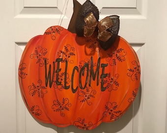 Hand Painted Pumpkin Door Hanger: Autumn Welcome Porch Decor