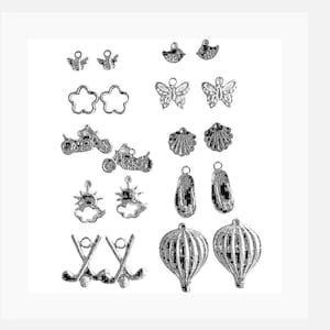 May include: A set of 18 silver charm pendants featuring various designs, including butterflies, seashells, motorcycles, golf clubs, hot air balloons, and sun and cloud motifs.