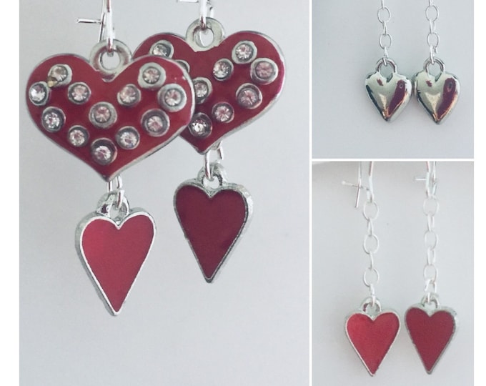 Heart dangle earrings, valentines Heart Earrings, Silver Heart Earrings, bling heart earrings, DIY earrings, Interchangeable earrings