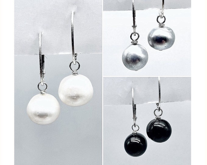 Sterling Silver Pearl Earrings, Pearl Earring Set, Black white gray pearl Hoop Earrings, Interchangeable Pearl Earrings