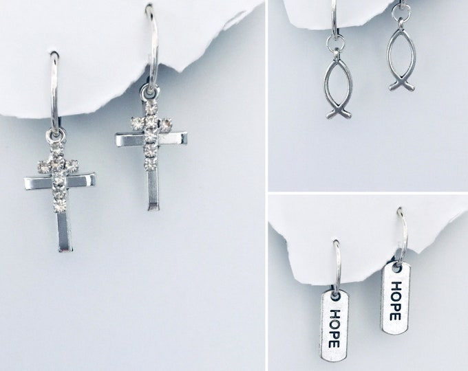 Faith Earrings, Interchangeable Cross earrings, Cross fish and hope earrings, Christian Earrings